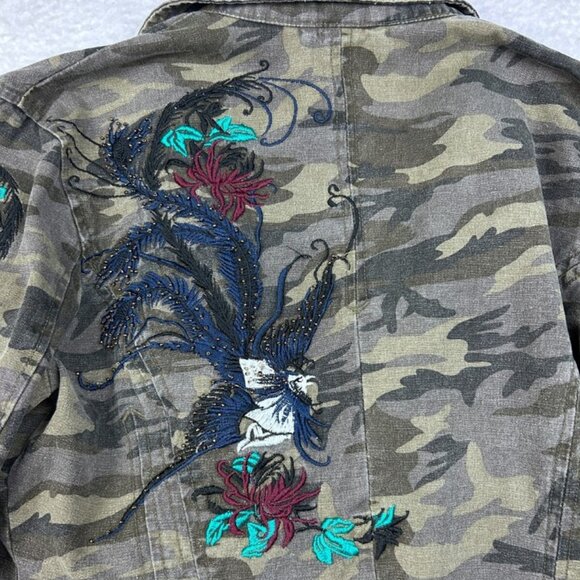 Morbid Threads Denim Military Jacket Embroidery Beaded Camouflage Women's XL - Picture 15 of 16